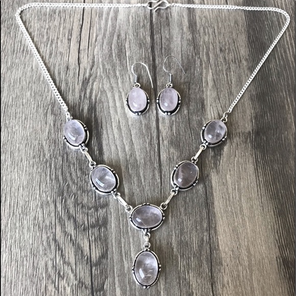 handcrafted in Jaipur India Jewelry - Rose Quartz.925 Necklace/Earrings